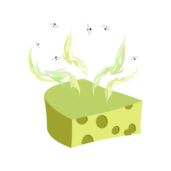 Dorblu de queso. Un pedazo de queso con mal olor y moscas. Vecto. — Archivo Imágenes Vectoriales