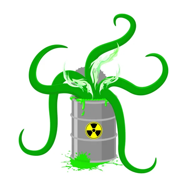 Barrel of Toxic waste and green tentacles. Vector illustration o — Stock Vector