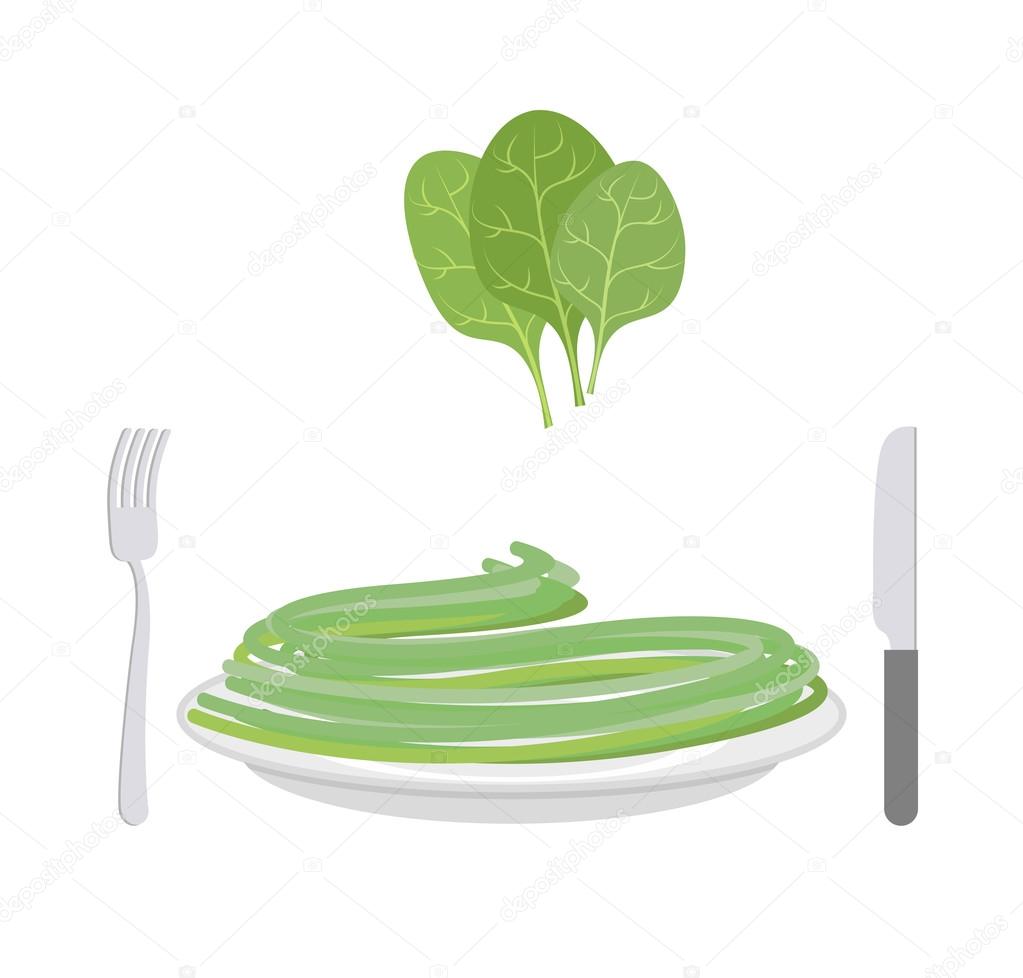 Green pasta with ingredient spinach. Spaghetti on a plate. Vecto