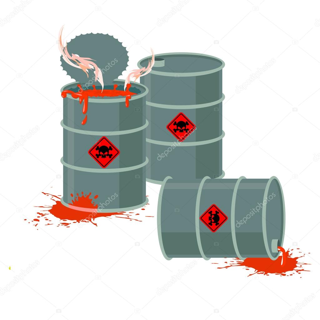 Barrels of Red acid. Hazardous chemical waste. Vector illustrati