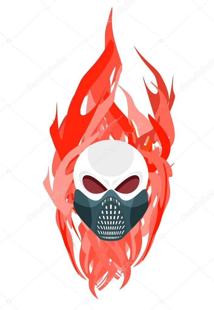 Skull protective mask against a backdrop of flames. Vector artwo