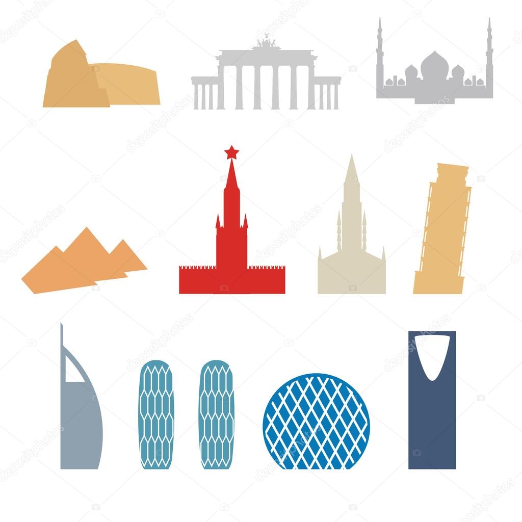 Set of flat buildings icons countries. Attraction of Dubai, Rome