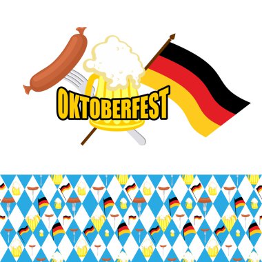 Oktoberfest için ayarlayın. Logo ve rhombus paterni. Bira ve sausa