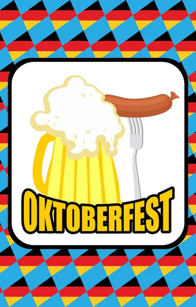 Oktoberfest. Mok van bier en worst op een achtergrond van blauwe rho — Stockvector