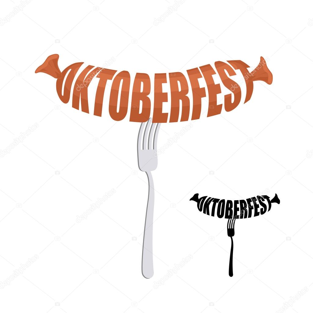Oktoberfest. Text in form of sausages on a fork. Vector emblem f