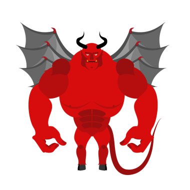 Satan. Red Devil with wings. Big and powerful demon. Bodybuilder