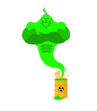 Acid Genie of barrels of toxic waste. Green Magic spirit. Vector