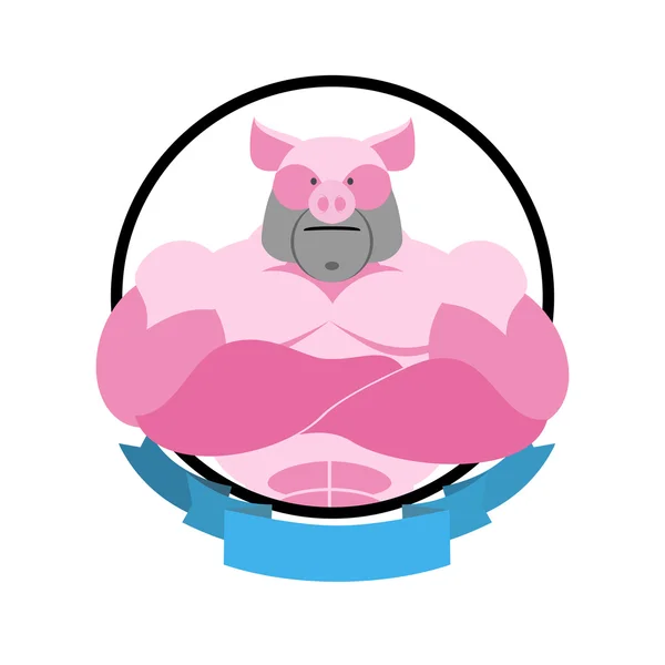 Angry pig Round emblem. Big boar bodybuilder. Vector logo farm a — 스톡 벡터