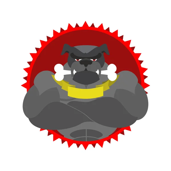 Angry dog Round emblem. Large Bulldog bodybuilder with bone. Vec — Stock vektor