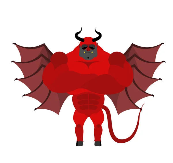 Strong Satan. Red demon with horns and wearing sunglasses. Big a — 스톡 벡터