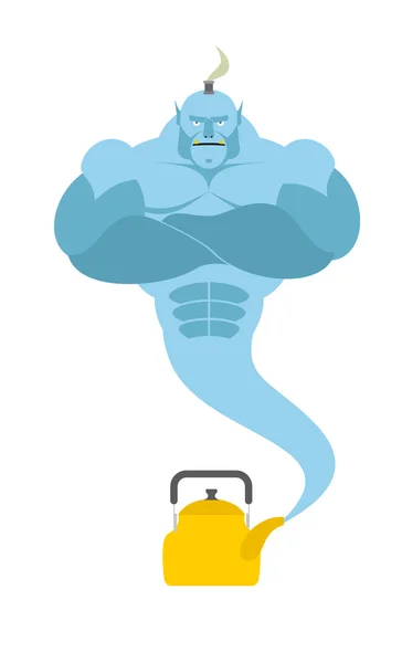 Genie from  kettle. Blue Magic spirit fulfills desires. Vector i — Stok Vektör