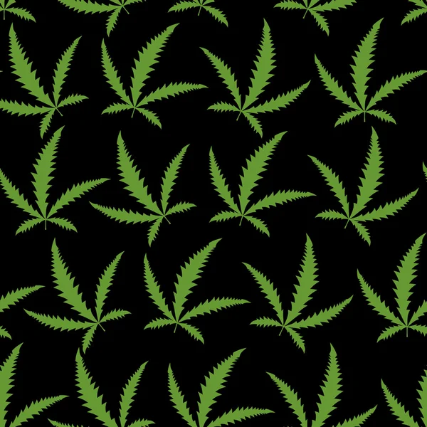 Zelené konopné listy na černém pozadí bezešvé pattern. — Stockový vektor