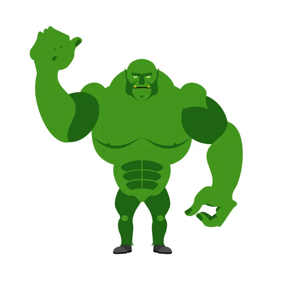 Dühös zöld szörny. Ijesztő Goblin nagy és erős, a fehér fonákkal — Stock Vector