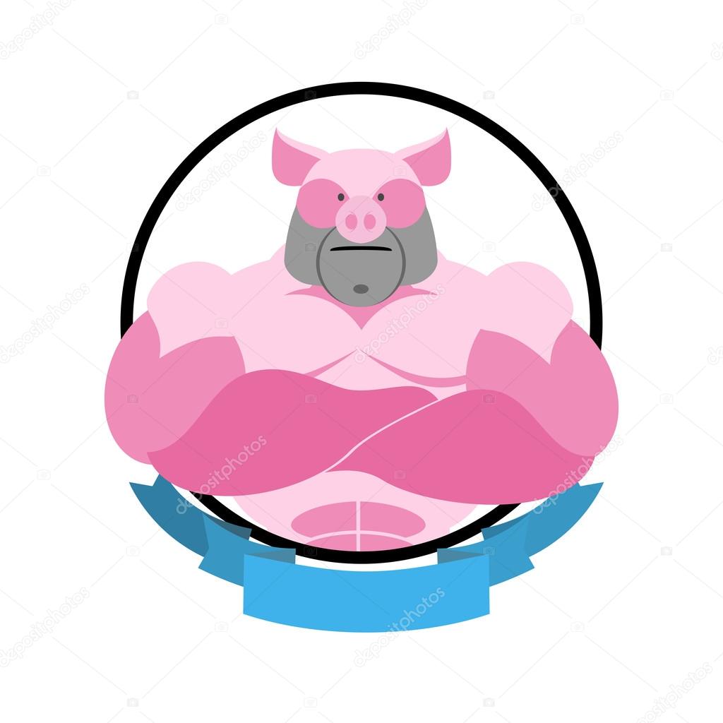 Angry pig Round emblem. Big boar bodybuilder. Vector logo farm a