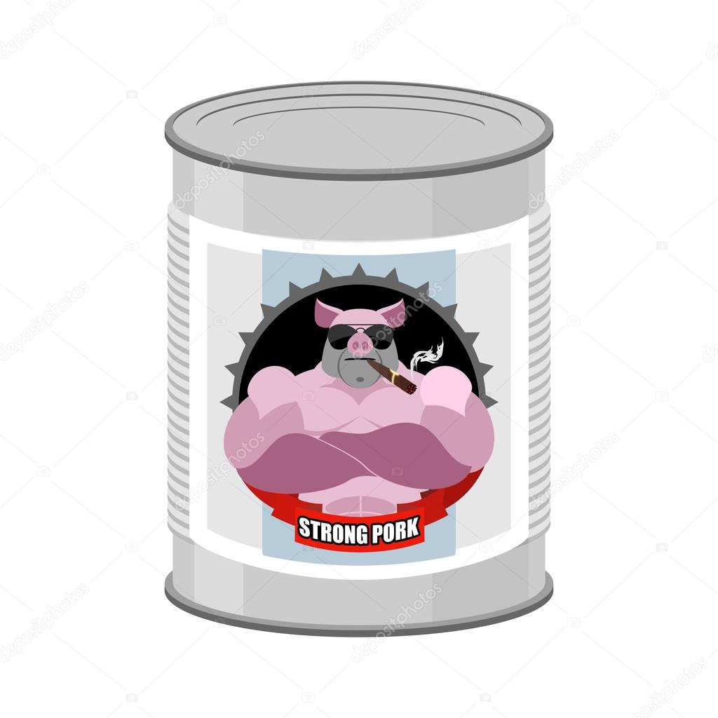 Canned pork. Canned food from a serious and strong pig. Steel Ba