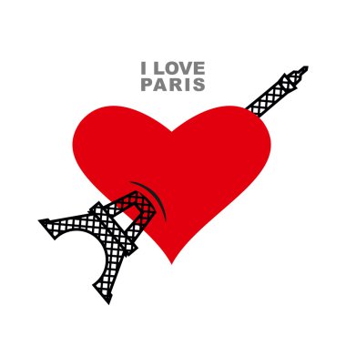 I love Paris. Red heart symbol of love and  Eiffel Tower. Tower clipart