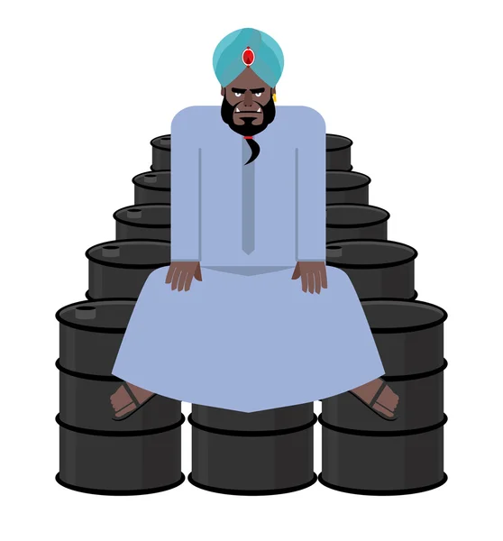 Sheikh sits on  barrels of oil. Wealth of  Sultan. Arabic man ha — Stok Vektör