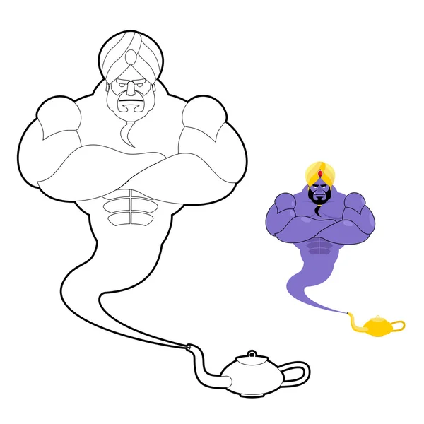 Genie and  magic lamp coloring book. Strong man in  turban. Fant — 스톡 벡터