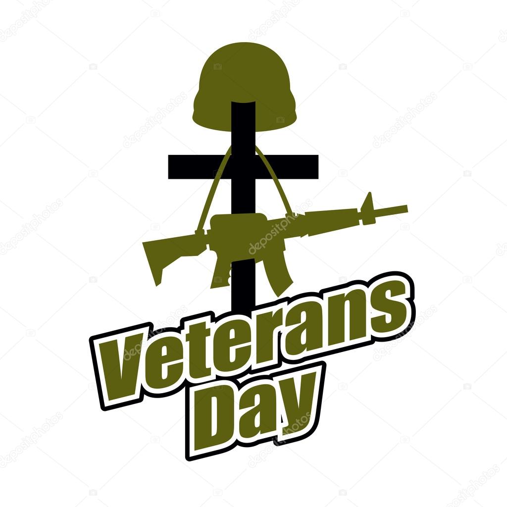Cross and military helmet with gun. Veterans Day. Logo for national holiday in America
