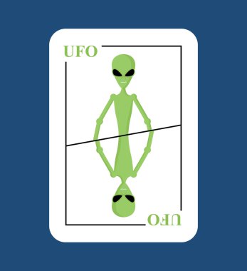 Playing card UFO. Conceptual new card alien. Green space invader clipart
