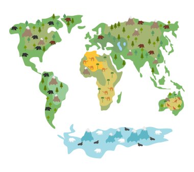 Map of  world with animals and trees. Geographic map of  globe w