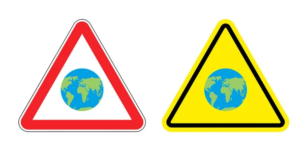 Warning sign attention to Earth. Yellow danger world map. Set Ro — Wektor stockowy
