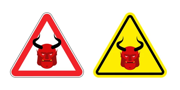 Señal de advertencia atención a Satanás. Signo amarillo de peligro del diablo. Él... — Archivo Imágenes Vectoriales