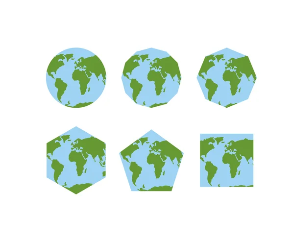 Uppsättning geometriska former av Världsatlaser. Karta över planeten jorden . — Stock vektor
