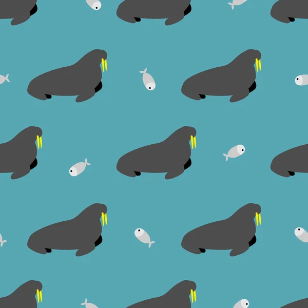 Seal and fish seamless pattern. Walrus with large tusks. Arctic — Stockvector