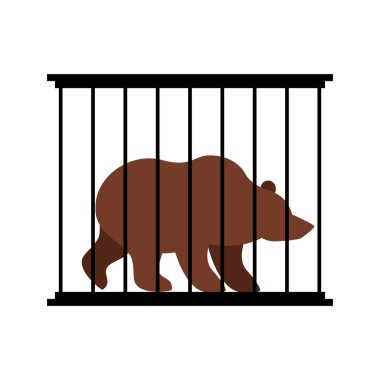 Bear in  cage. Animal in Zoo behind bars. Big beast Grizzly wild