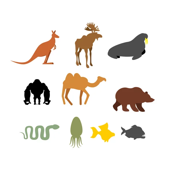 Conjunto de animales salvajes sobre fondo blanco. Siluetas de animales — Archivo Imágenes Vectoriales