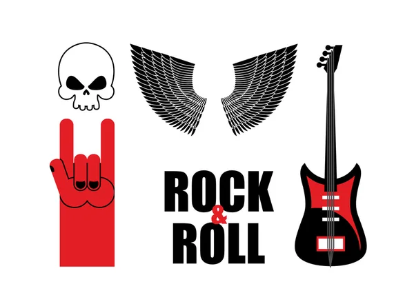 Set symbol rock music . Skull and wings, guitar and rock hand si — Stock vektor