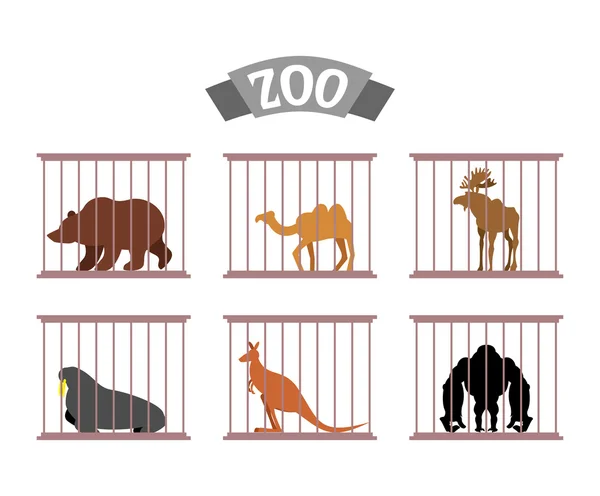 Zoo. Collection of wild animals in cages. Beasts behind bars. Be — Stok Vektör