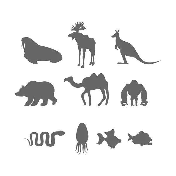 Set Silueta animal salvaje. Animales del Zoo y peces — Vector de stock