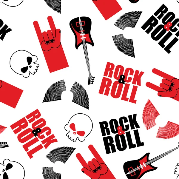 Musique rock motif sans couture. Guitare et crâne. Ailes et roche — Image vectorielle