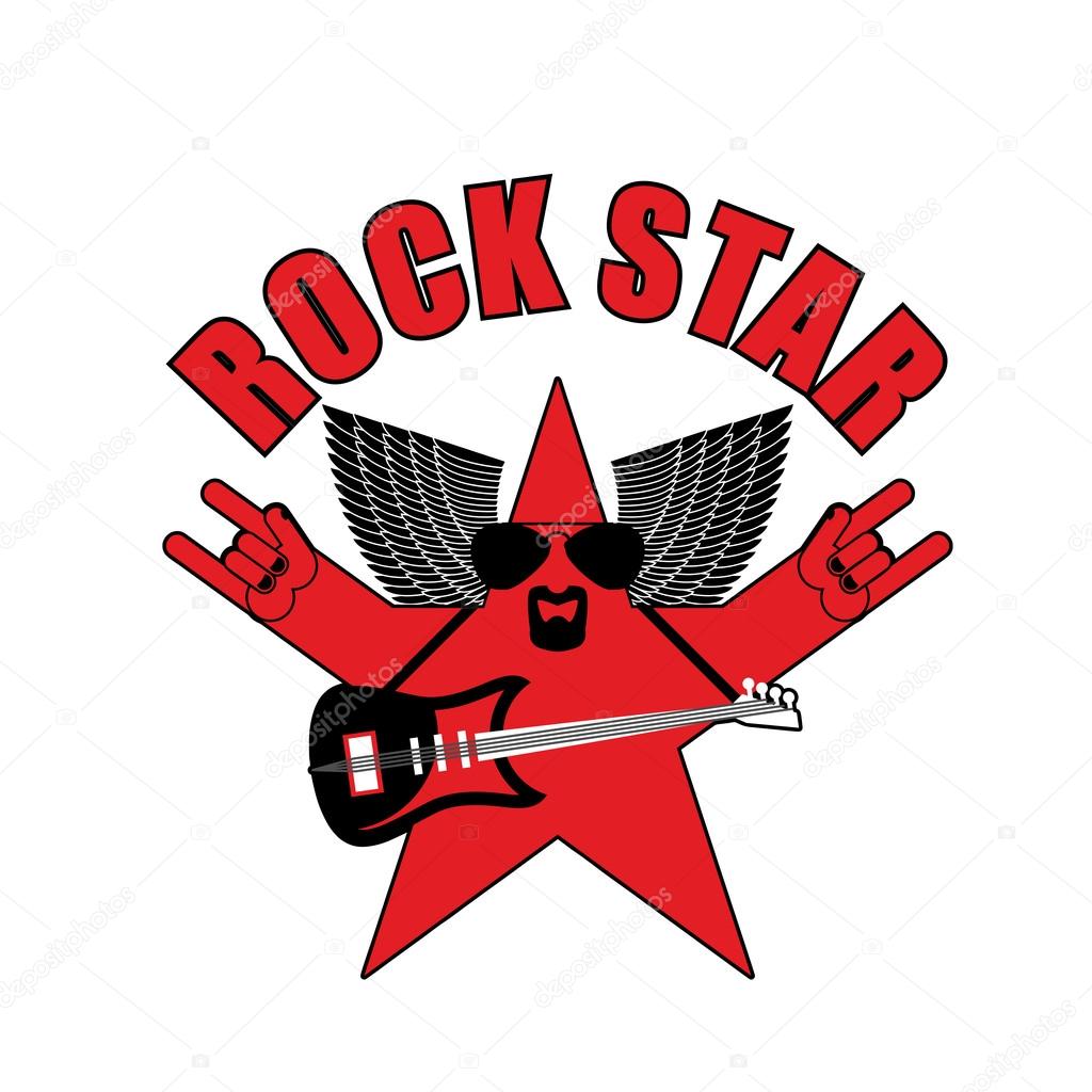 Rock Star emblem for club or party. Star Music with guitar and s