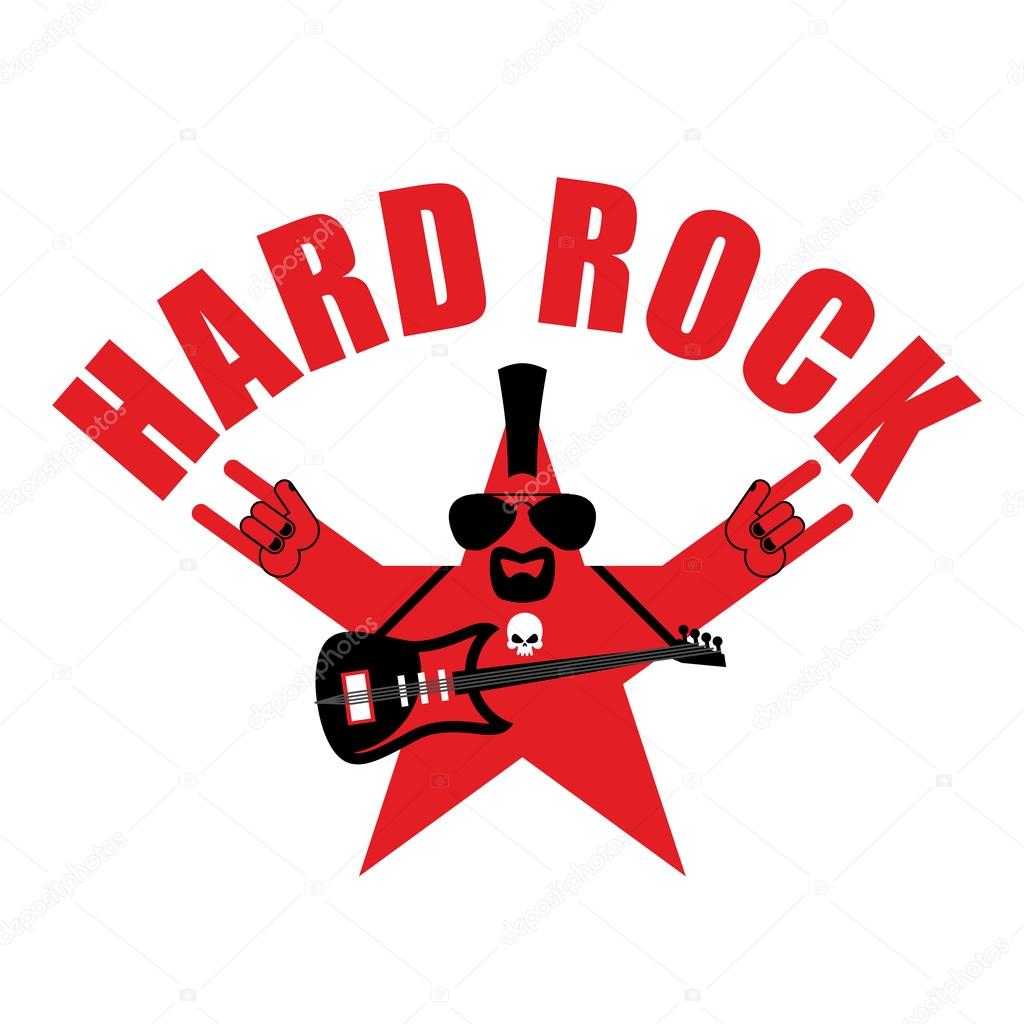 Hard rock star. Star with beard and an electric guitar. Template logo for rock music festival. Emblem for rock band. Rock and roll hand symbol