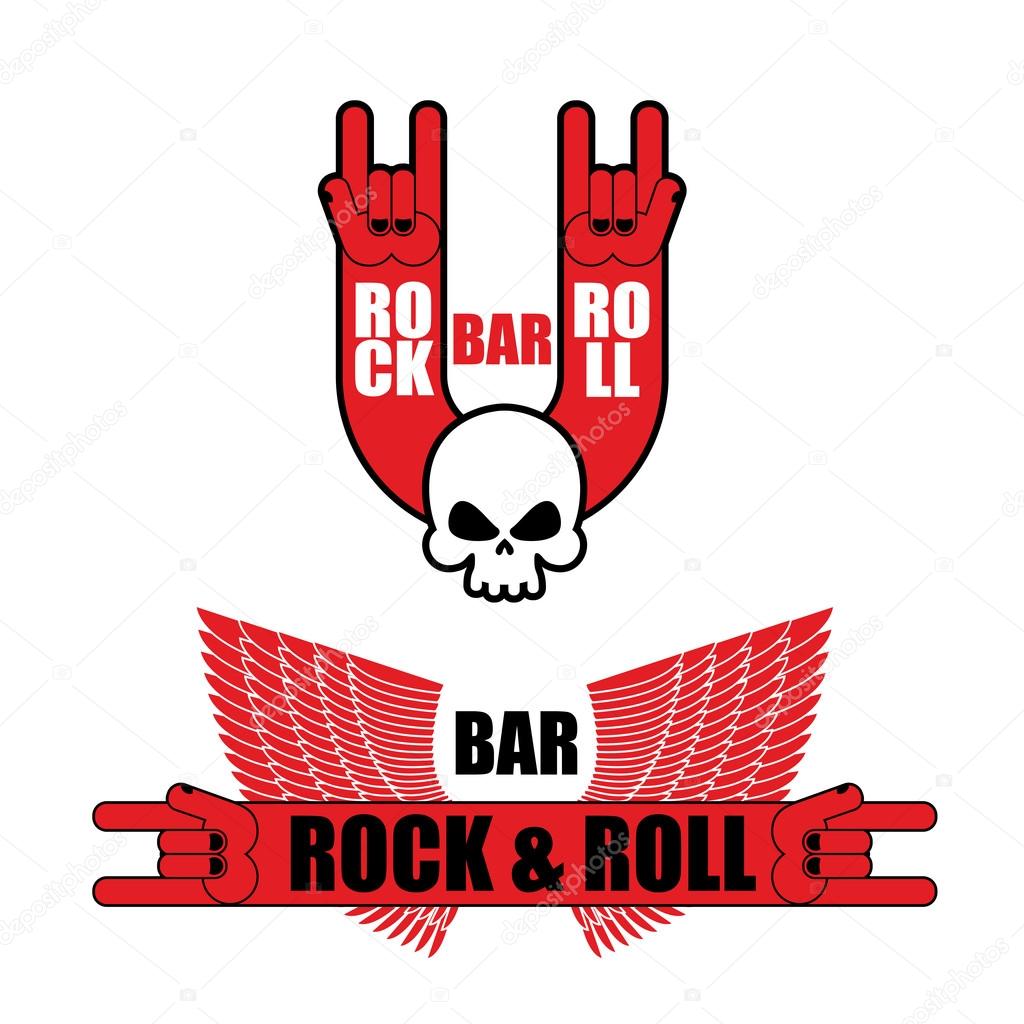 Set of logos for rock and roll bar. Hand rock sign and wings. Template logo for pub lovers of rock musi