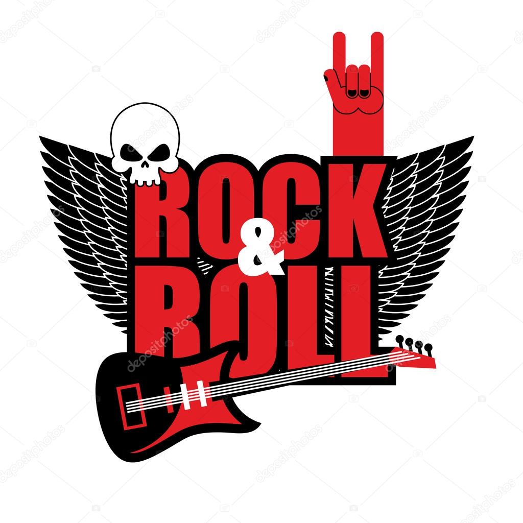 Rock and roll logo. Electric guitar and skull. Logo for lovers of rock music. Template logo for Rock Festival