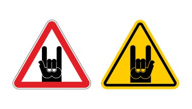 Warning sign of attention rock music. Rock hand yellow label. Ro clipart