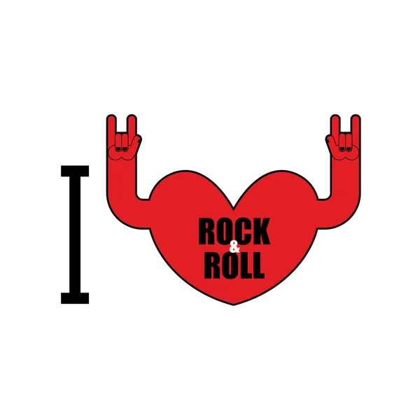 Adoro rock and roll. Símbolo de coração com sinal de pedra de mãos. Emblema —  Vetores de Stock