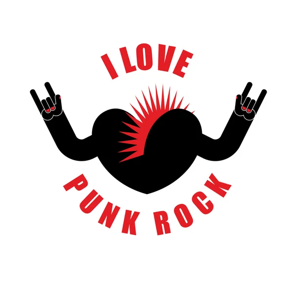 Me encanta el punk rock. Símbolo del corazón con el pelo Mohawk y las manos arriba — Vector de stock