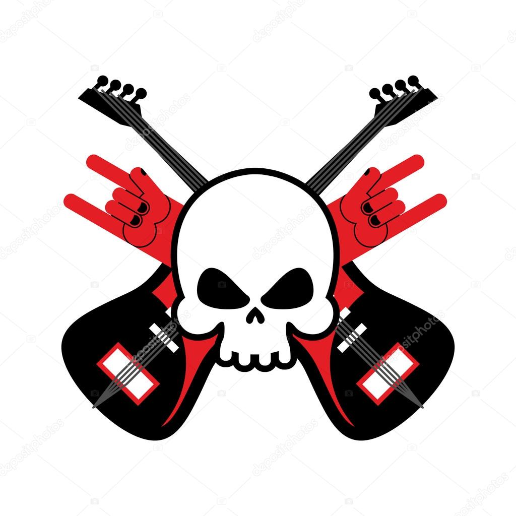 Skull with guitars and rock hand symbol. Logo for rock band. Log