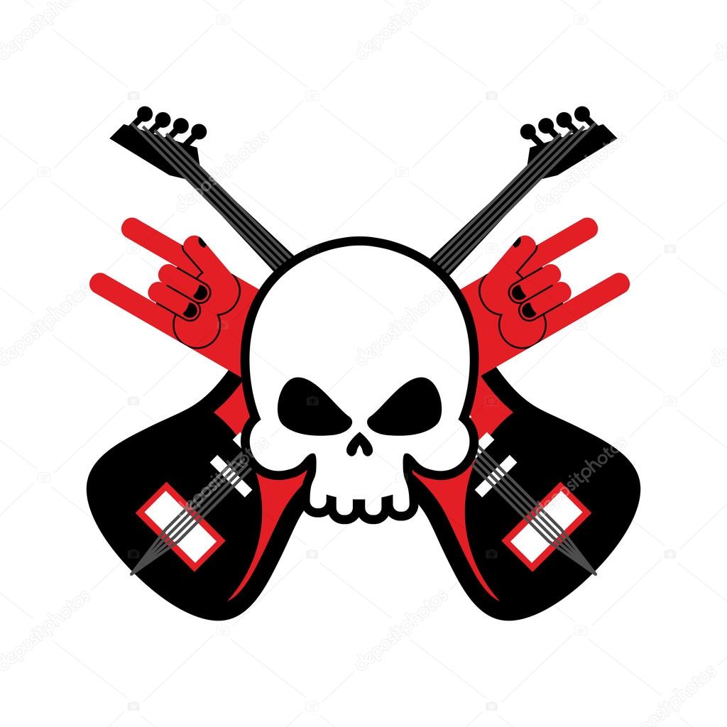 Skull with guitars and rock hand symbol. Logo for rock band. Logo for lovers rock music.