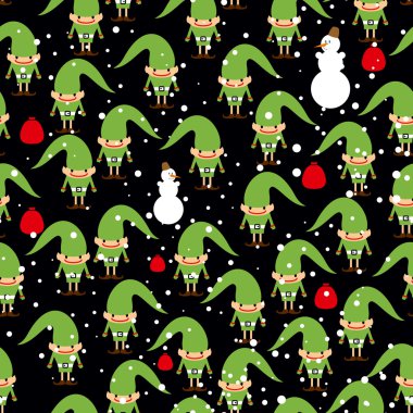 Elf Santas helper seamless background. Feast of texture. Snowman