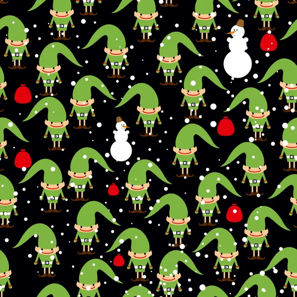 Elf Weihnachtsmann Helfer nahtlosen Hintergrund. Fest der Textur. Schneemann — Stockvektor