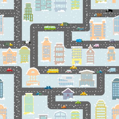Snowfall in city seamless pattern. Urban map of winter. Backgrou