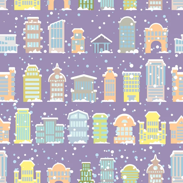 Winter city seamless pattern. Snowfall. Skyscrapers and municipa — Stok Vektör