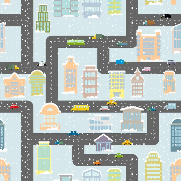 Snowfall in city seamless pattern. Urban map of winter. Backgrou — Stock Vector