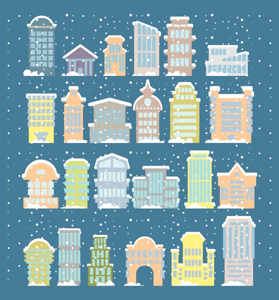 Winter buildings icons. Skyscrapers and towers in snowfall. Snow — Stock Vector